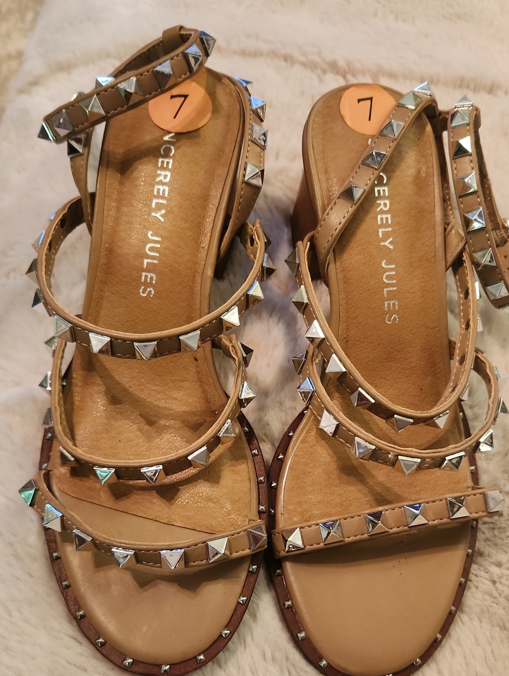 Sincerely Jules Tan Pyramid Stud Strappy Sandals
